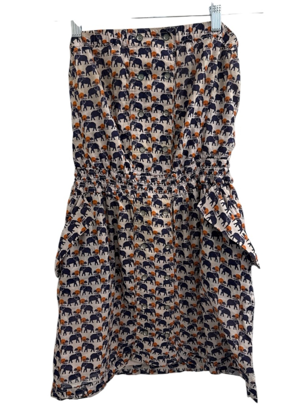 BCBGeneration Navy & Orange Elephant Print Strapless Dress Women’s Size Medium